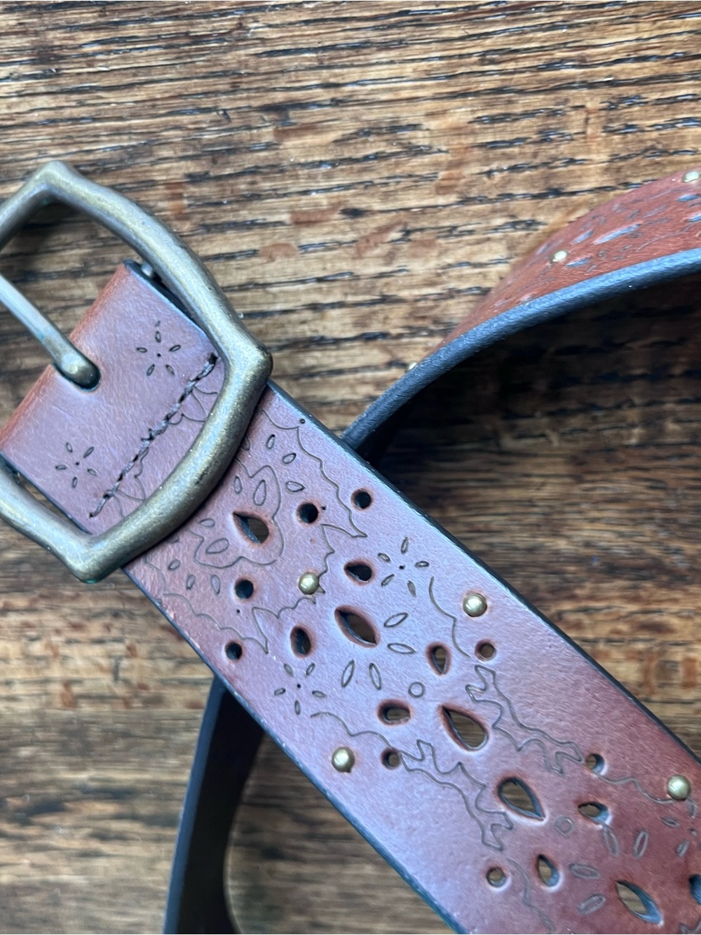Leather Brown unisex Belt with Decorative brass and Cutouts